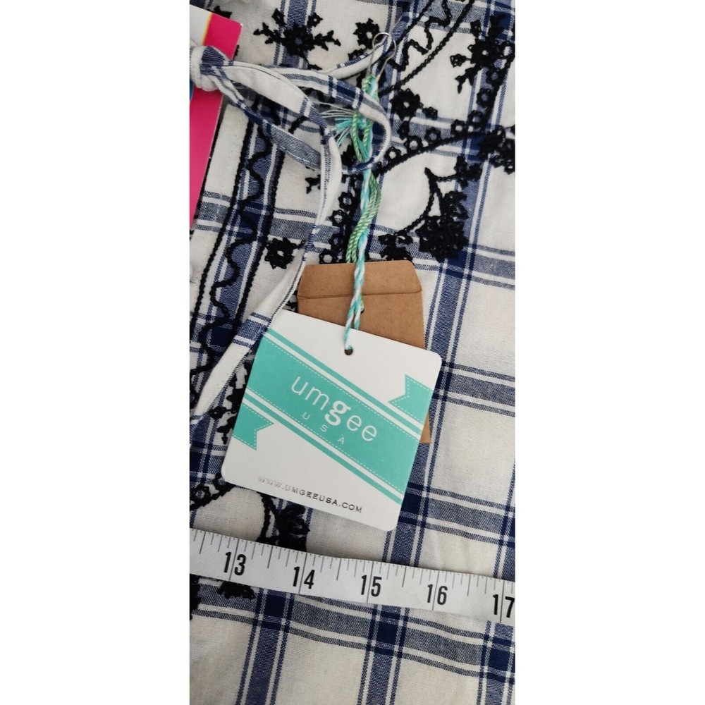 NEW Umgee Plaid Embroidered Short Sleeve Ivory Navy Babydoll Dress Women Boho L‎ - Picture 9 of 12